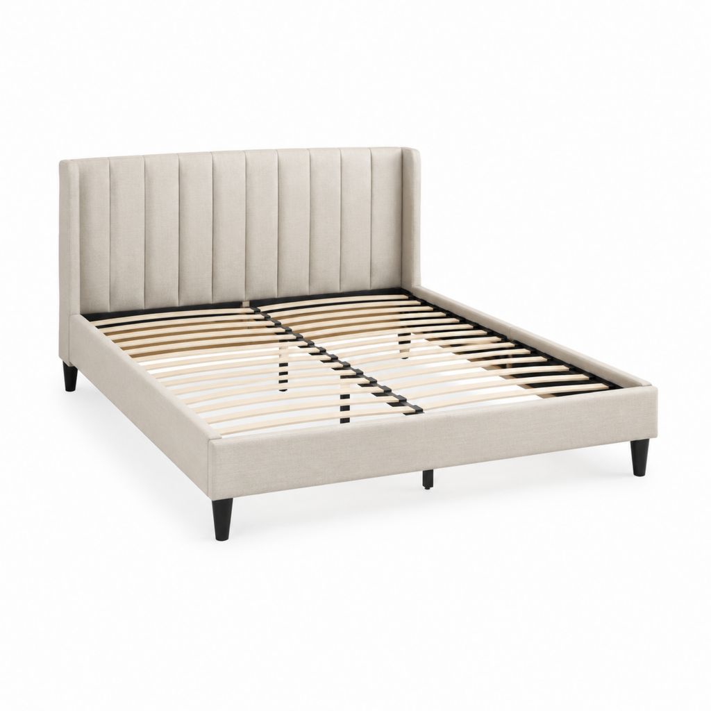 Lit double 160 x 200 cm beige en polyester rectangulaire avec sommier à lattes et tête de lit capitonnée