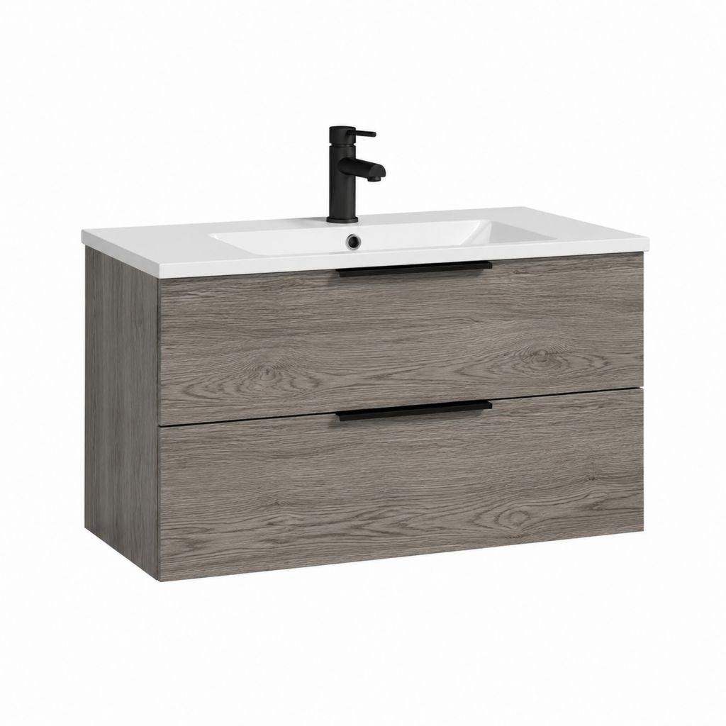 Meuble sous vasque suspendu 80 x 46 x 52 cm chêne gris en panneaux MDF avec lavabo rectangulaire en céramique et 2 tiroirs