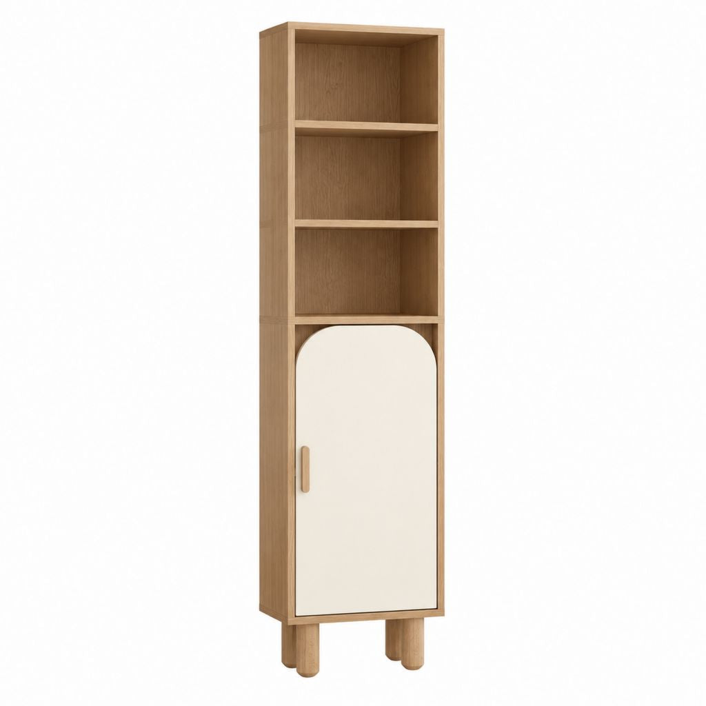 Colonne de rangement avec étagères et porte arrondie chêne clair et blanc cassé en panneaux mélaminés 180 x 50 x 35 cm
