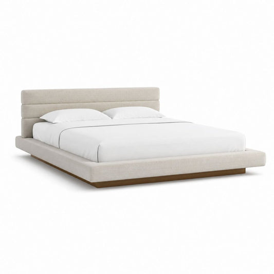 Lit double avec cadre beige en polyester et bois massif rectangulaire 180 x 200 cm