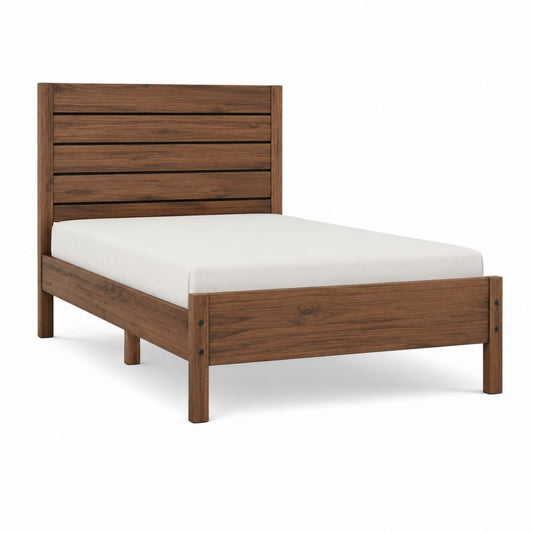 Cadre de lit double en bois massif marron 140 x 190 cm avec tête de lit à lattes