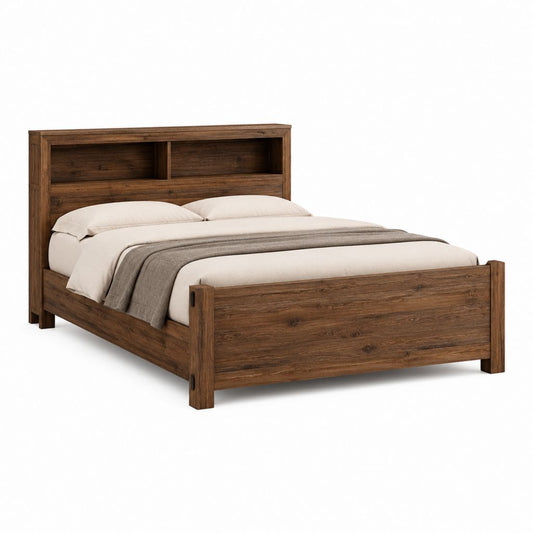 Lit double avec tête de lit à rangements brun noyer en pin massif pour matelas 160 x 200 cm 175 x 220 x 120 cm