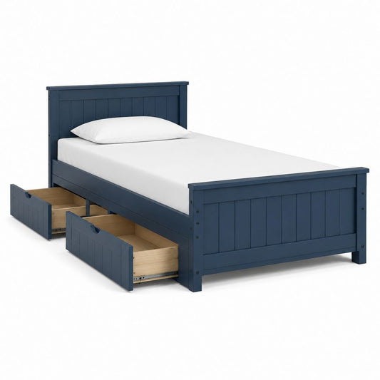 Cadre de lit simple avec 2 tiroirs bleu marine en MDF et pin pour matelas 90 x 190 cm
