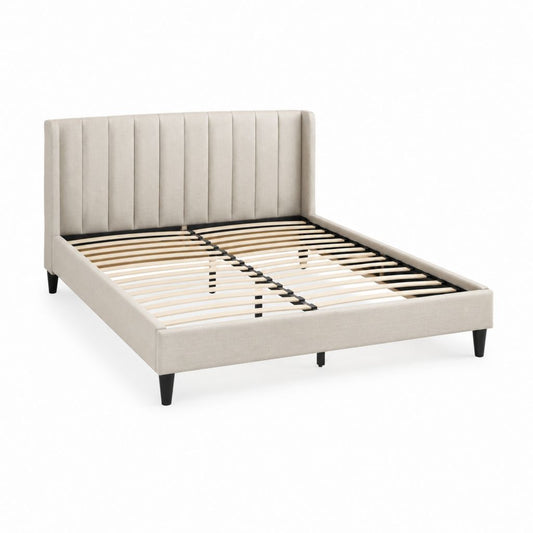 Lit double 160 x 200 cm beige en polyester rectangulaire avec sommier à lattes et tête de lit capitonnée