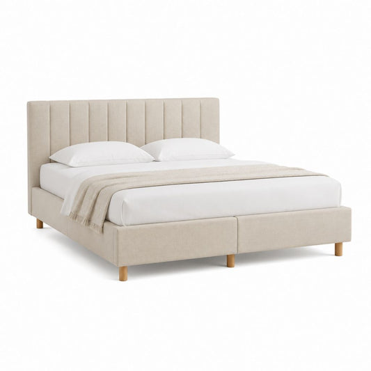 Lit double 160 x 200 cm beige en polyester avec tête de lit capitonnée