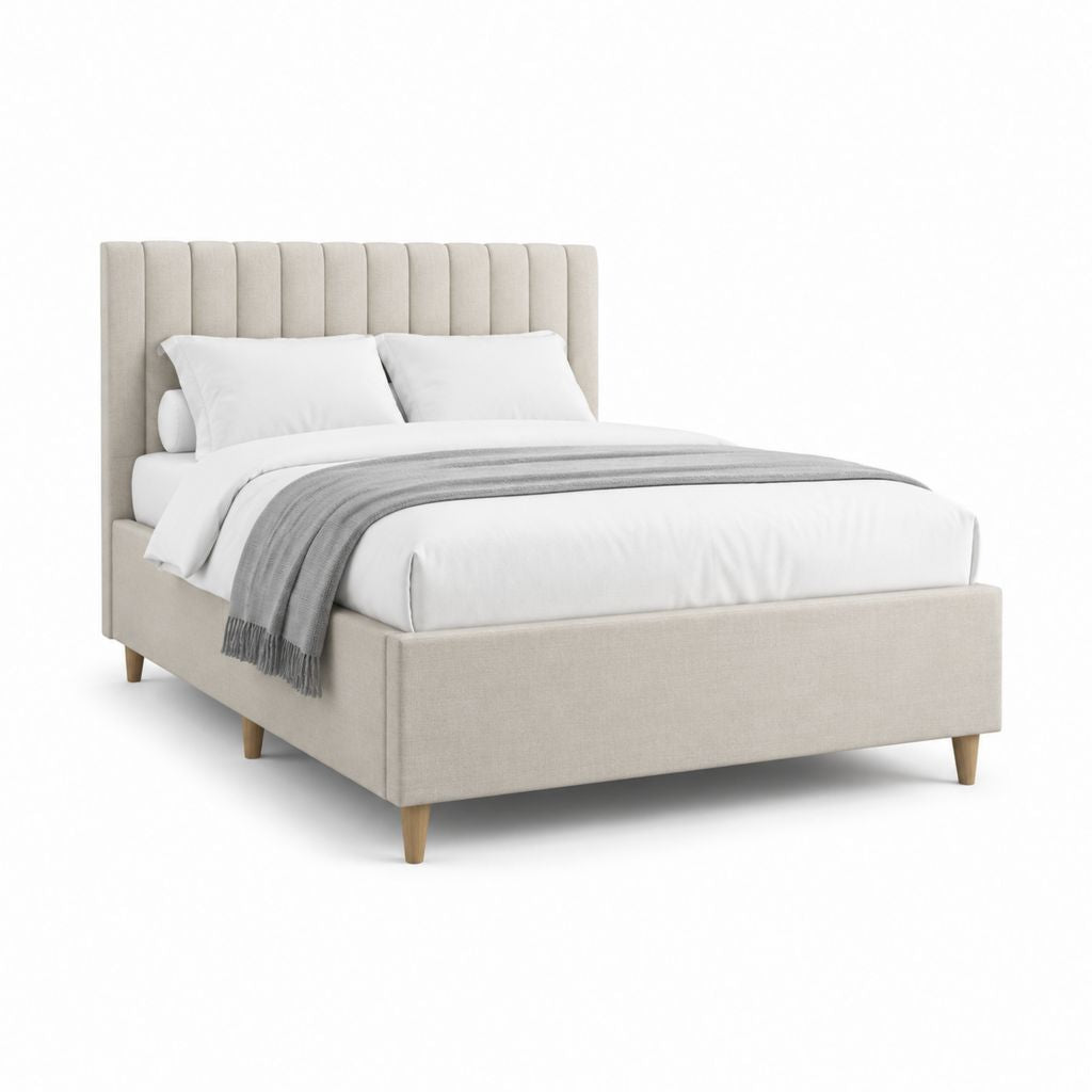 Lit double 160 x 200 cm beige en polyester avec tête de lit capitonnée et pieds en bois massif