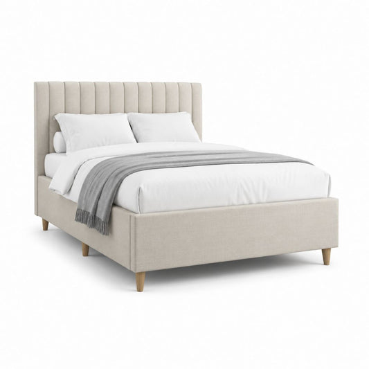 Lit double 160 x 200 cm beige en polyester avec tête de lit capitonnée et pieds en bois massif