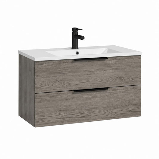 Meuble sous vasque suspendu 80 x 46 x 52 cm chêne gris en panneaux MDF avec lavabo rectangulaire en céramique et 2 tiroirs