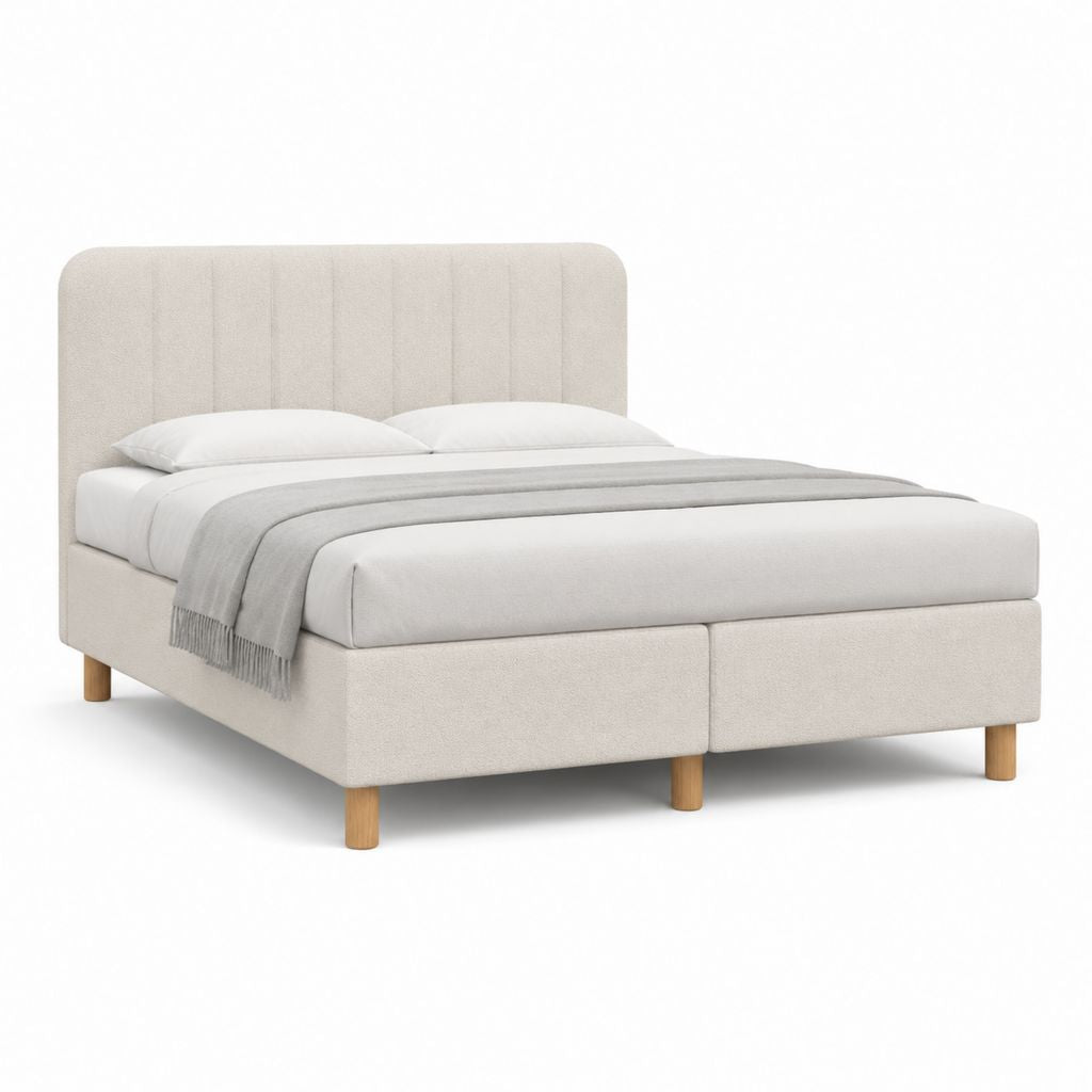 Lit double capitonné beige en polyester avec tête de lit 160 x 200 cm