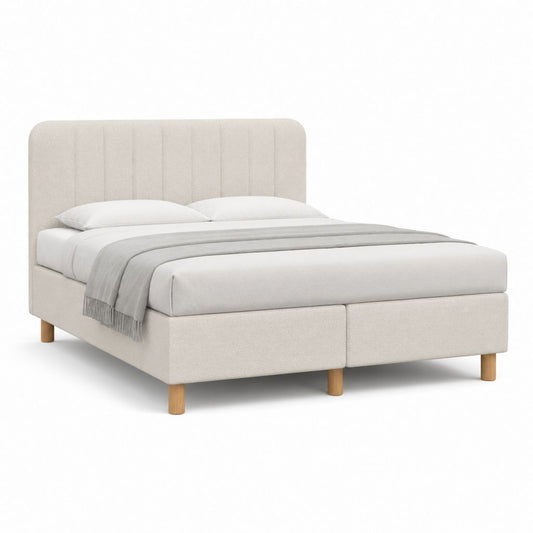 Lit double capitonné beige en polyester avec tête de lit 160 x 200 cm