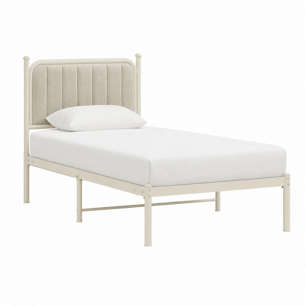 Cadre de lit une place 90 x 190 cm beige en acier avec tête de lit capitonnée en polyester