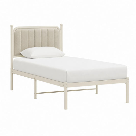Cadre de lit une place 90 x 190 cm beige en acier avec tête de lit capitonnée en polyester