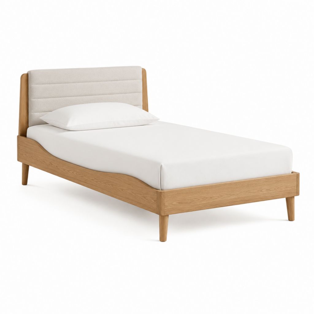 Lit simple 90 x 190 cm en chêne massif naturel avec tête de lit capitonnée beige