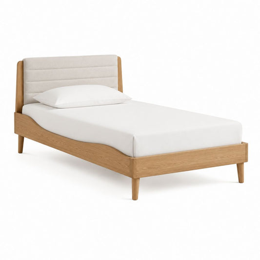Lit simple 90 x 190 cm en chêne massif naturel avec tête de lit capitonnée beige