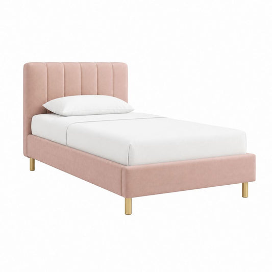 Lit simple 90 x 190 cm rose en polyester avec tête de lit capitonnée et pieds dorés