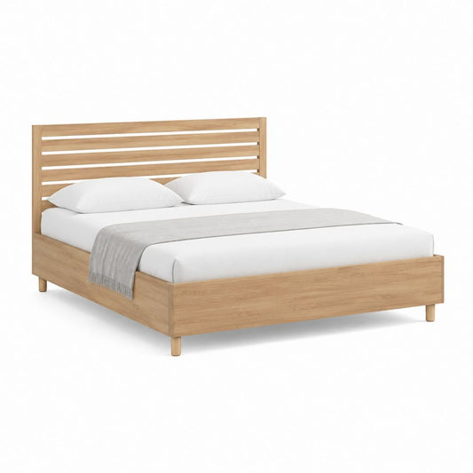 Cadre de lit double chêne clair en bois massif 160 x 200 cm avec tête de lit ajourée